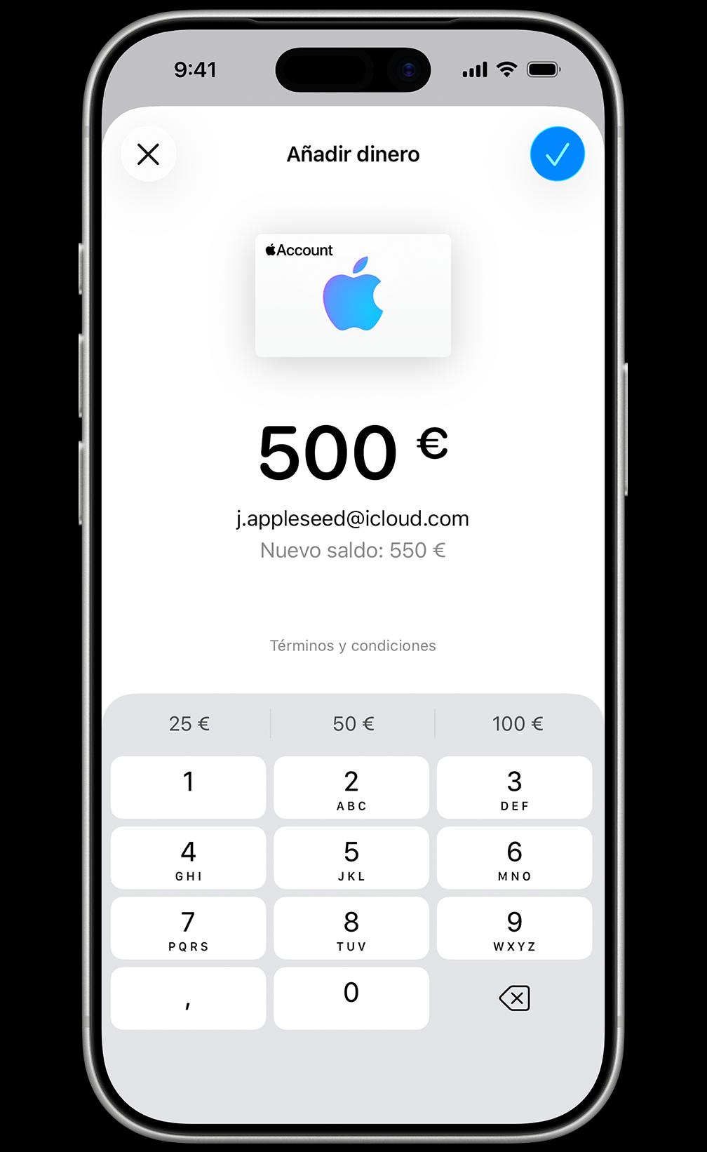 Imagen de la app Cartera en uso con la pantalla Añadir dinero, 500&nbsp;€ para añadir y un nuevo saldo de 550&nbsp;€ en la cuenta j.appleseed@icloud.com