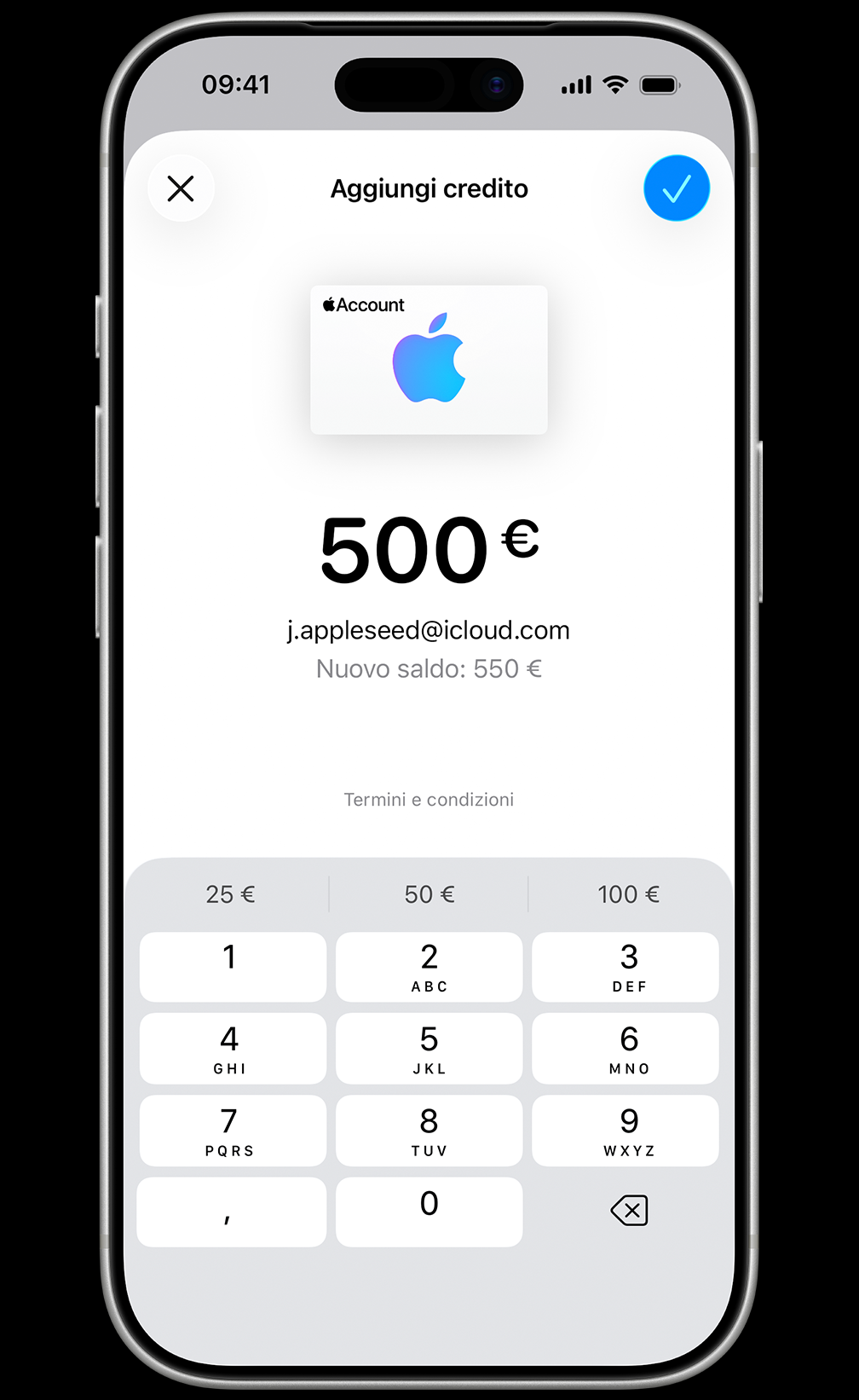 App Wallet attiva, schermata Aggiungi credito, 500 € da aggiungere, nuovo saldo di 550 € per l’account j.appleseed@icloud.com