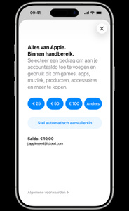 Scherm om geld toe te voegen. De afgebeelde tekst is: Alles van Apple. Binnen handbereik. Selecteer een bedrag om aan je accountsaldo toe te voegen en gebruik dit om games, apps, muziek, producten, accessoires en meer te kopen. Bedragen om toe te voegen: €&nbsp;25, €&nbsp;50, €&nbsp;100, Anders en Stel automatisch aanvullen in. Saldo van €&nbsp;10 voor account j.appleseed@icloud.com. Algemene voorwaarden.