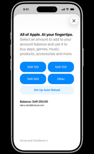 Add Money screen, text reads: All of Apple. At your fingertips. Select an amount to add to your account balance and use it to buy apps, games, music, products, accessories and more. Top-up amounts: £25, £50, £100, Other and Set Up Auto Reload. Balance of £10 for account j.appleseed@icloud.com. Terms and Conditions.