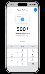 L’app Portefeuille est active, à l’écran Ajouter des fonds. 500&nbsp;$ sont ajoutés. Le nouveau solde du compte j.appleseed@icloud.com est de 550&nbsp;$.