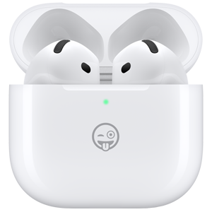 다양한 크기의 AirPods 4, Apple Pencil Pro, Magic Mouse 이미지가 주위에 퍼져 있습니다