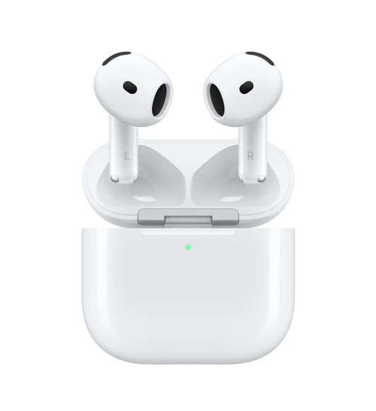 AirPods 4 con cancelación activa de ruido y estuche de carga inalámbrica. Auriculares blancos ovalados y parte alargada. Estuche blanco con esquinas redondeadas, indicador LED externo, tapa abierta y bisagra en plata