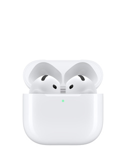 AirPods&nbsp;4, oppbevart i åpent ladeetui, avrundede kanter, ekstern LED-strømindikator