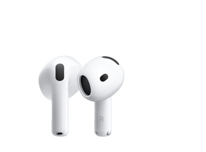 AirPods 5: wireless earbuds, white colour, oval-shaped, ear tip with interior acoustic speaker mesh, short stem with silver charging connector, left and right letter indicators