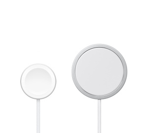 Wireless chargers: Apple Watch Magnetic Fast Charger and MagSafe Charger. Both chargers have circular shape and attached woven cable, MagSafe Charger is larger in diameter
