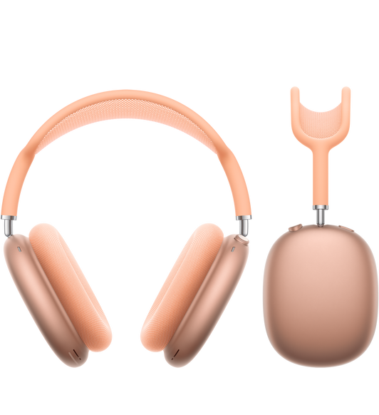 AirPods Max in Orange, over-ear headphones, aluminium ear cups, ear cushions, telescoping arms connect the cups and headband