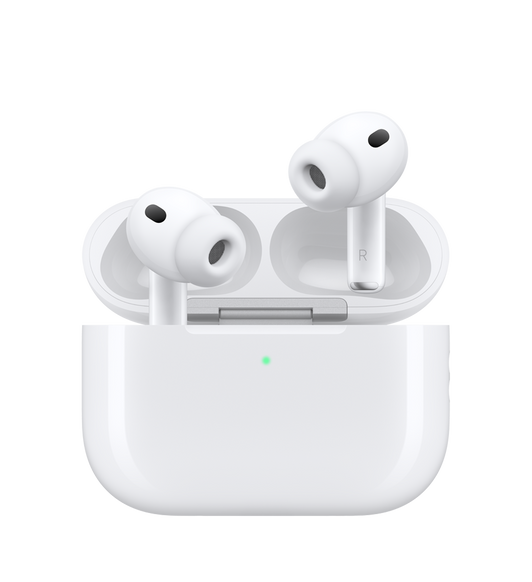 AirPods Pro 3 en blanco con el estuche de carga MagSafe (USB-C) que muestra el diseño redondeado, el indicador LED de carga en la parte exterior y los auriculares inalámbricos con almohadillas de silicona en su interior