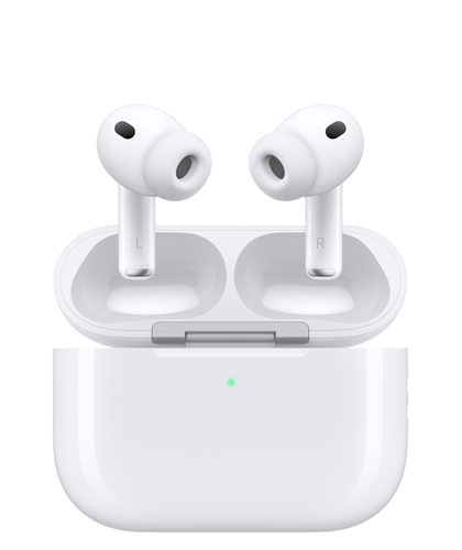AirPods Pro 3 and MagSafe Charging Case (USB-C), rounded case exterior, external LED power indicator, left and right wireless headphones with silicone tips