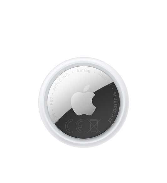 AirTag, 1 unidad, forma circular, anillo de color blanco alrededor del borde exterior, parte delantera, material de color plata reflectante, logo de Apple centrado, grabado alrededor del borde interior que indica: AirTag - FIND MY - NFC - BLUETOOTH LE - CE, WEEE - UWB - IP67 - APPLE INC.
