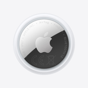 AirTag, circular shape, white colour ring around outer edge, Apple logo centred