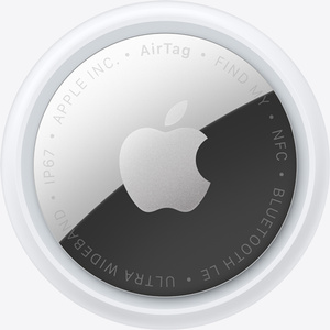 AirTag, circular shape, white colour ring around outer edge, Apple logo centred