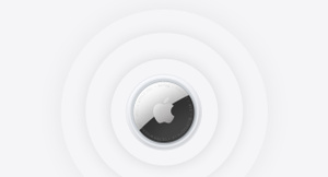 AirTag, Apple logo centered, soundwaves radiate outward