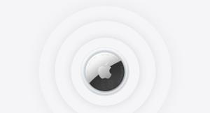AirTag, Apple logo centered, soundwaves radiate outward