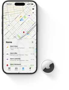 iPhone and AirTag, iPhone screen active on Find My app, which shows the user’s items on a live map, listing how far they are, the nearest address, and the last time location was pinged