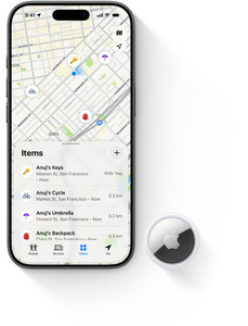 iPhone and AirTag, iPhone screen active on Find My app, which shows the user’s items on a live map, listing how far they are, the nearest address and the last time location was pinged