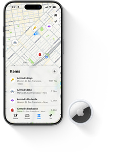 iPhone and AirTag, iPhone screen active on Find My app, which shows the user’s items on a live map, listing how far they are, the nearest address, and the last time location was pinged