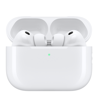AirPods Pro 3, wireless headphones in charging case with lid open, front exterior, white color