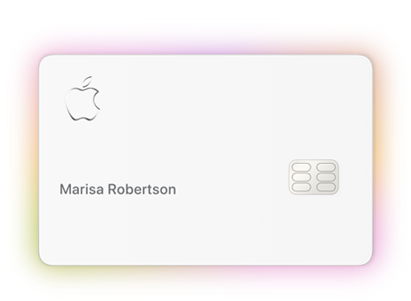 Apple Card, front exterior, Apple logo in top left, cardholder name Marisa Robertson in middle left, card chip in middle right, hues of green, orange, and pink glowing along the card's border