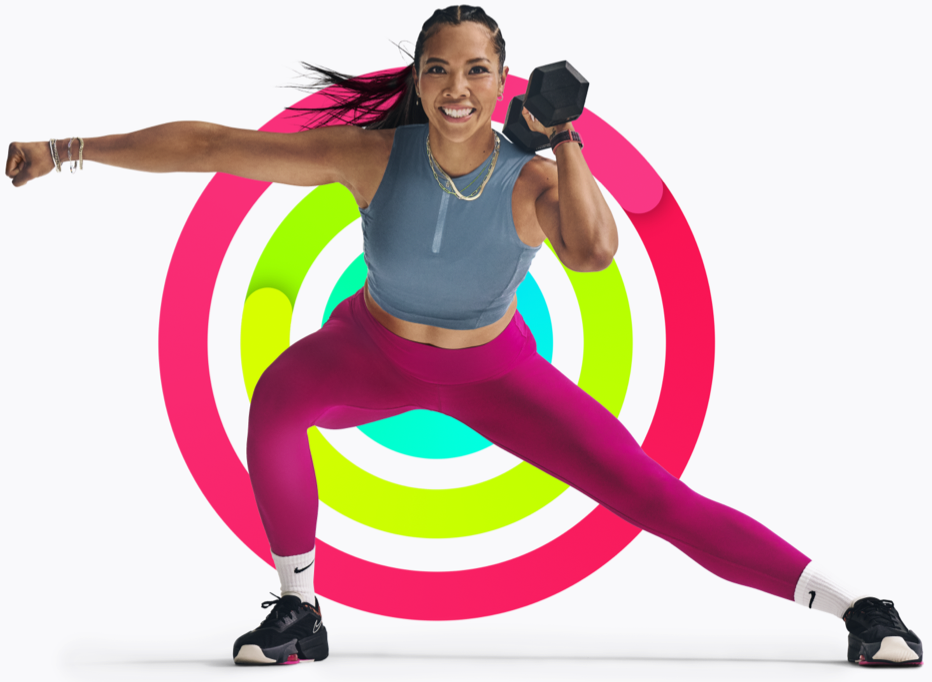 Apple Fitness+ trainer, in a side lunge, one arm flexed with dumbbell, one arm extended, in front of completed Activity rings 