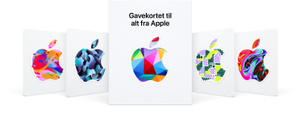 Apple-gavekort på hvid farvebaggrund, fem Apple-logodesign: flerfarvedde abstrakte stænk og pixels, camouflagemønster, lyst flerfarvet 3D-geometrisk design, mønster af cirkler og tykke afrundede linjer og abstrakt hvirvlet flerfarvet design, teksten lyder: gavekortet til alt fra Apple