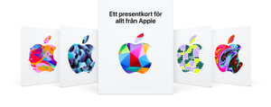 Apple-presentkort, vit bakgrund, fem designer av Apple-logotyper: abstrakta stänk och pixlar i flera färger, kamouflagemönster, geometrisk 3D-design i flera färger, cirkelmönster och tjocka böjda linjer samt abstrakt virvlad design i flera färger med texten: The gift card for everything Apple
