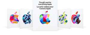 Cartes-cadeaux Apple, arrière-plan blanc, cinq logos Apple : formes abstraites et pixels multicolores, motif de camouflage, formes géométriques en 3D de couleurs vives, cercles et lignes épaisses aux contours arrondis, et tourbillon abstrait multicolore, inscription indiquant « La carte-cadeau pour l’univers Apple », en anglais