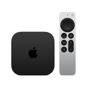 Apple TV 4K, face avant, coloris noir, forme carrée, logo Apple sur le dessus, angles arrondis. Télécommande Siri Remote, face avant, clickpad tactile circulaire, boutons en relief