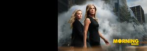Title, The Morning Show, Jennifer Aniston and Reese Witherspoon on a steamy city street, dressed in business attire with a serious and confident expression