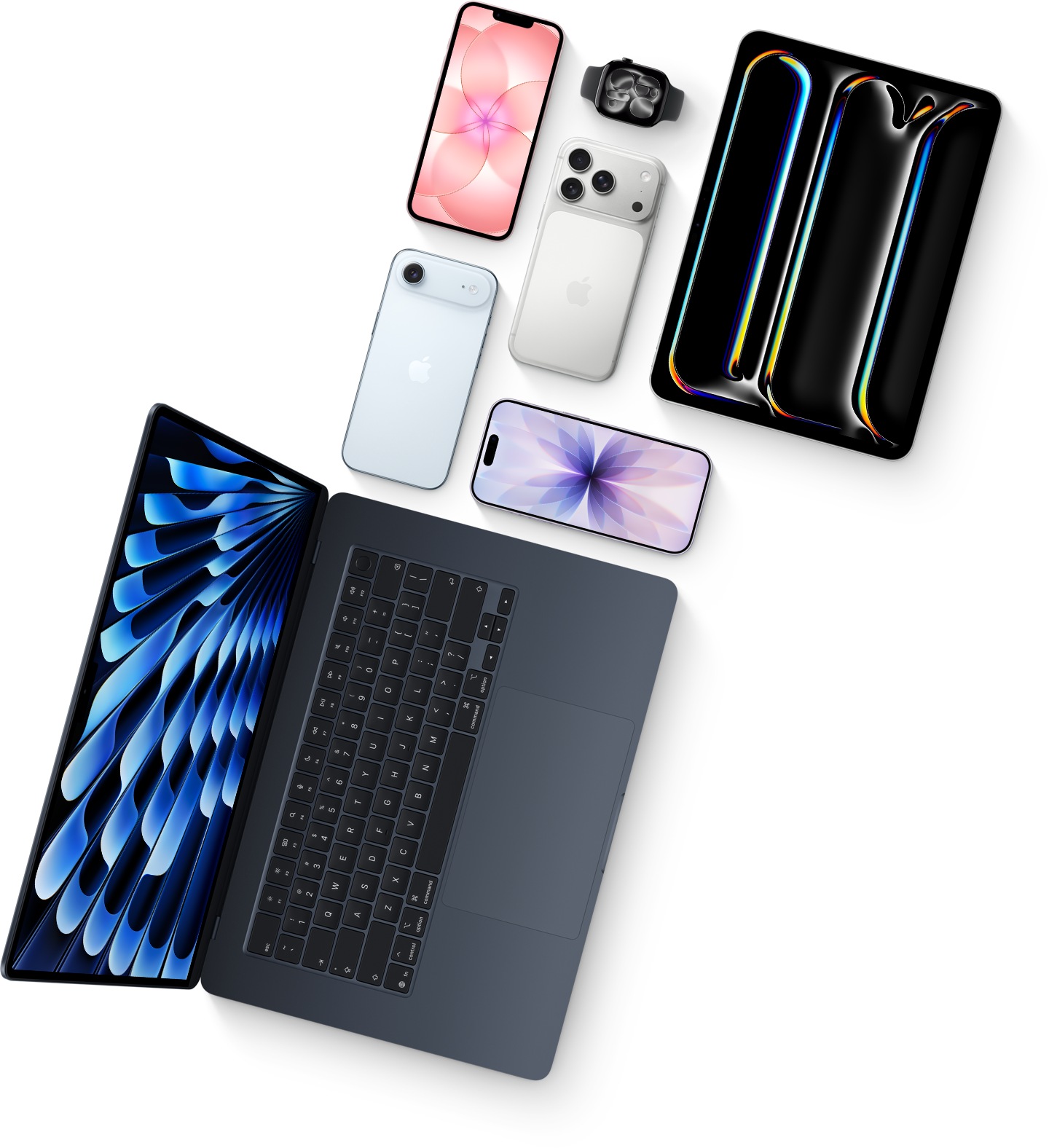 Apple devices: iPhone models, back exterior, front exterior, multiple colors, iPad, MacBook, Apple Watch