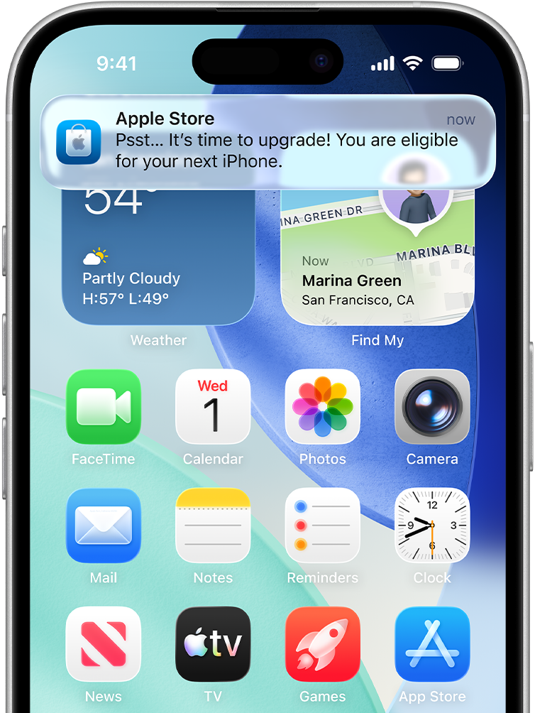 iPhone screen, notification alert at top reads: Psst...It's time to upgrade. You are eligible for your next iPhone