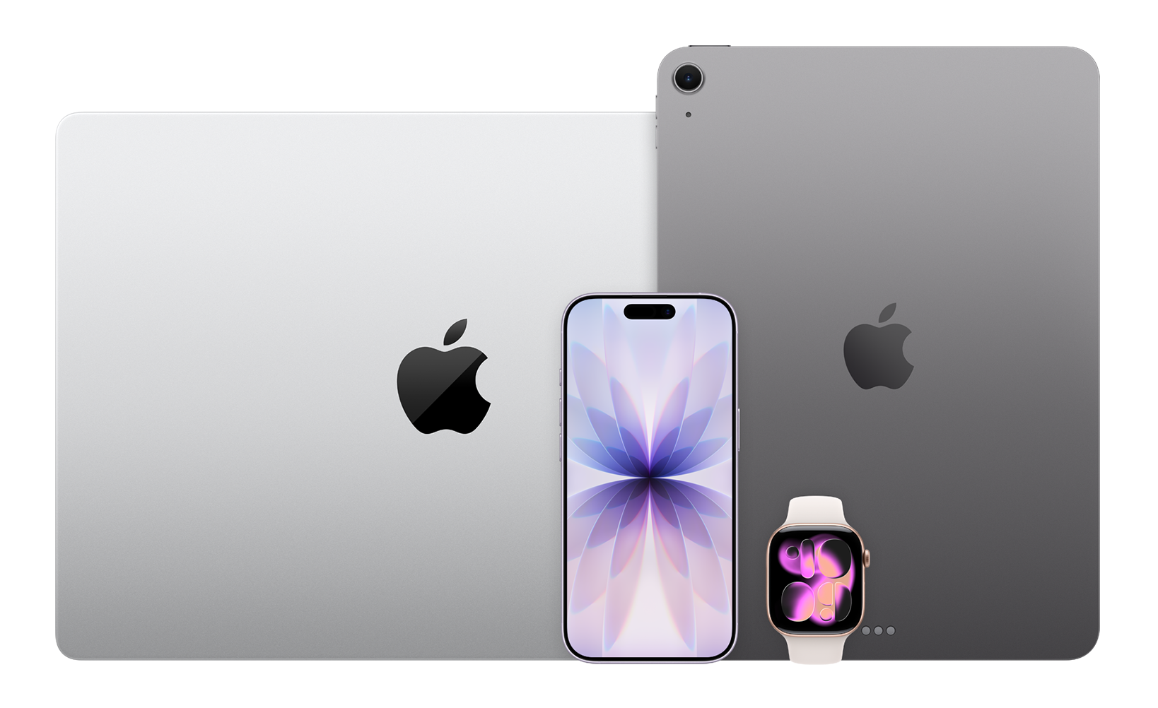 Apple devices: MacBook Pro, iPhone 17, iPad Air, Apple Watch