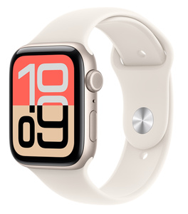Apple Watch SE 3, starlight colour, aluminium case, Digital Crown dial, small microphone hole, flush side button, connected flush to Sport Band, light blush colour, silver pin-and-tuck closure