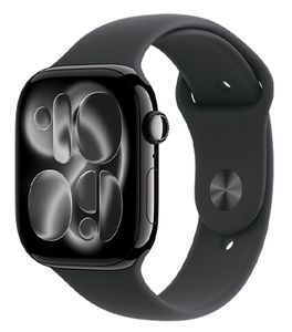 Apple Watch Series 11, aluminium case, polished jet black colour, Digital Crown, microphone, side button, strap, Sport Band, black colour, pin-and-tuck closure