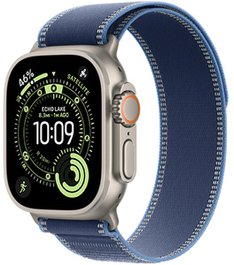 Apple Watch Ultra 3, titanium case, natural colour, Digital Crown, microphone, side button, Trail Loop strap, blue/bright blue colour, overlapping reflective textile layers at pull-tab closure