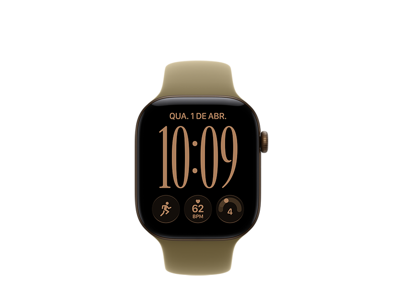 Apple Watch Series 12 com caixa cor de bronze-escuro de alumínio, tela de ponta a ponta, bordas arredondadas, Digital Crown, pulseira esportiva oliva feita de borracha