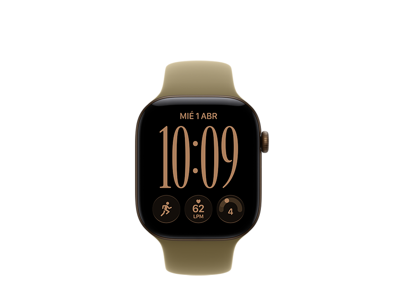 Apple Watch Series 12 con caja de aluminio color bronce oscuro **, correa deportiva color oliva hecha de goma, pantalla con diseño de borde a borde, esquinas redondeadas y Digital Crown