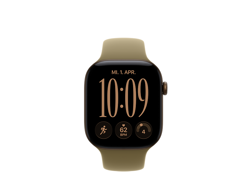 Apple Watch Series 12, Aluminiumgehäuse, Farbe Dunkelbronze**, All‑Screen Display, gerundete Ecken, Digital Crown, Sportarmband, Farbe Oliv, Gummi­material