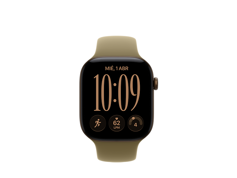 Apple Watch Series 12, caja de aluminio, color bronce oscuro, pantalla de borde a borde, esquinas redondeadas, corona Digital Crown, correa deportiva, color verde oliva, fabricada en goma