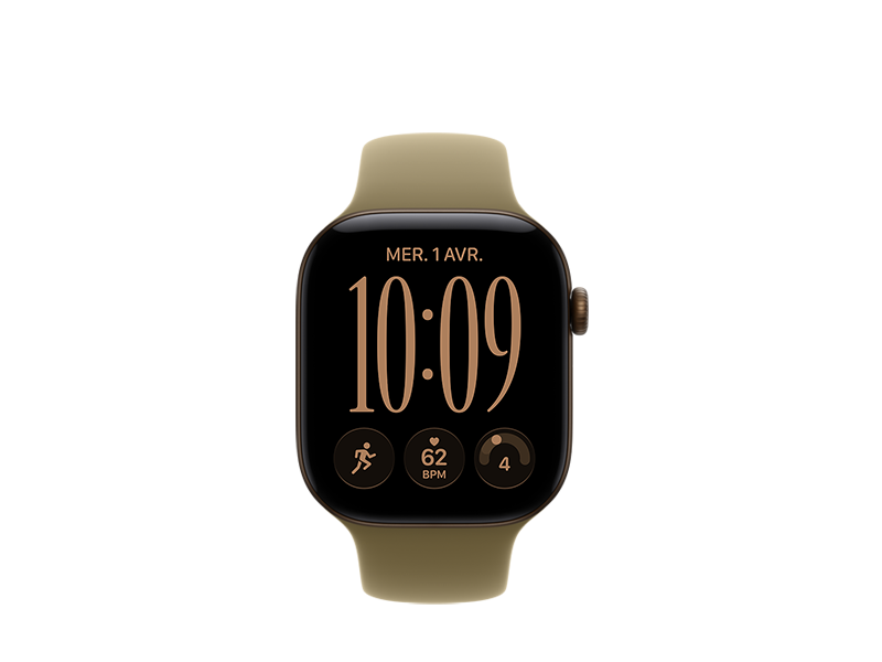 Apple Watch Series 12, boîtier en aluminium, bronze sombre **, écran bord à bord, angles arrondis, Digital Crown, Bracelet Sport, olive, caoutchouc