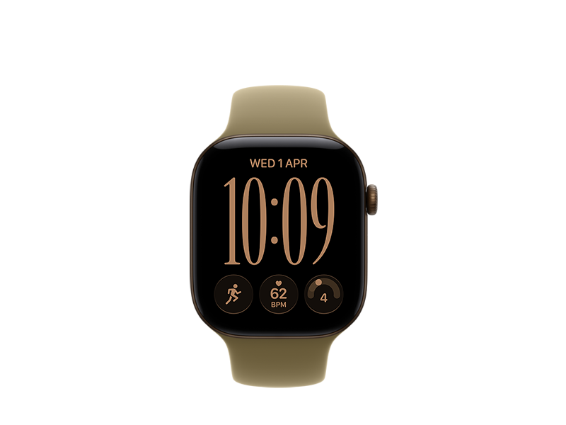 Apple Watch Series 12, aluminium case, dark bronze ** colour, edge-to-edge display, rounded corners, Digital Crown dial, Sport Band, olive colour, rubber material