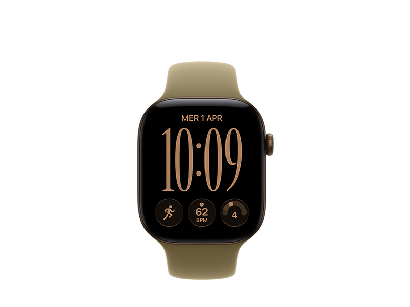Apple Watch Series 12, cassa in alluminio bronzo scuro,** display edge-to-edge, angoli arrotondati, Digital Crown, cinturino Sport oliva in gomma