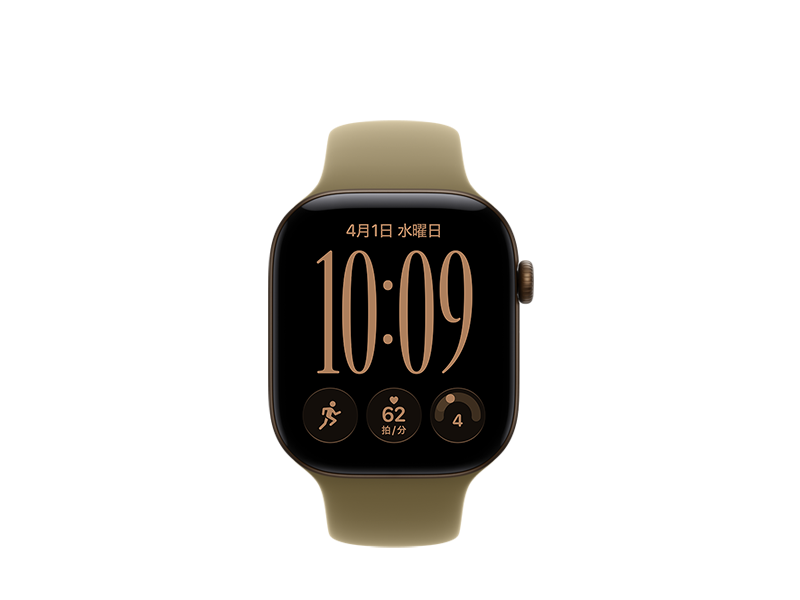 ダークブロンズ**アルミニウムケースのApple Watch Series 12。エッジからエッジまで広がるディスプレイ、丸みを帯びた四隅、Digital Crownのダイヤル。ラバー素材のオリーブのスポーツバンドが付いている