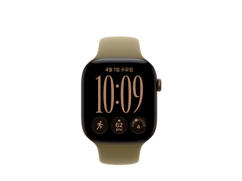 Apple Watch Series 12, 다크 브론즈 색상 알루미늄 케이스, 전면 화면 디스플레이, 둥근 형태의 모서리, Digital Crown 다이얼, 고무 소재로 만든 올리브 색상 스포츠 밴드