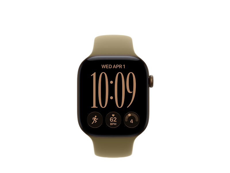 Apple Watch Series 12, aluminium case, dark bronze ** colour, edge-to-edge display, rounded corners, Digital Crown dial, Sport Band, olive colour, rubber material