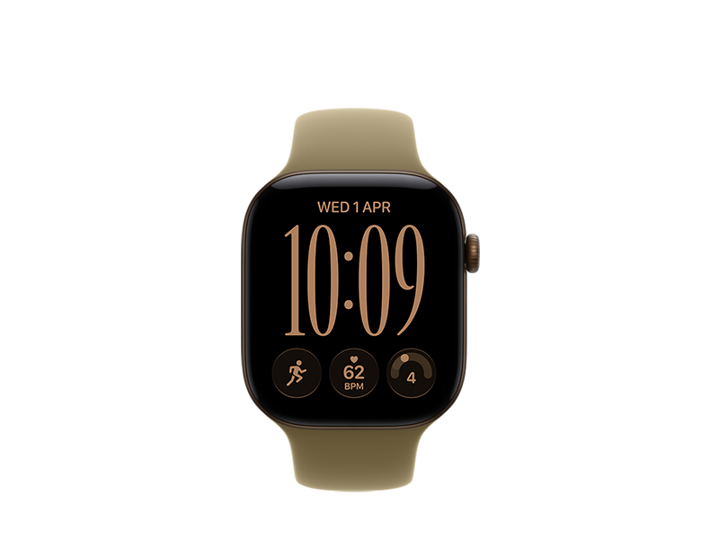 Apple Watch Series 12, aluminium case, dark bronze ** colour, edge-to-edge display, rounded corners, Digital Crown dial, Sport Band, olive colour, rubber material