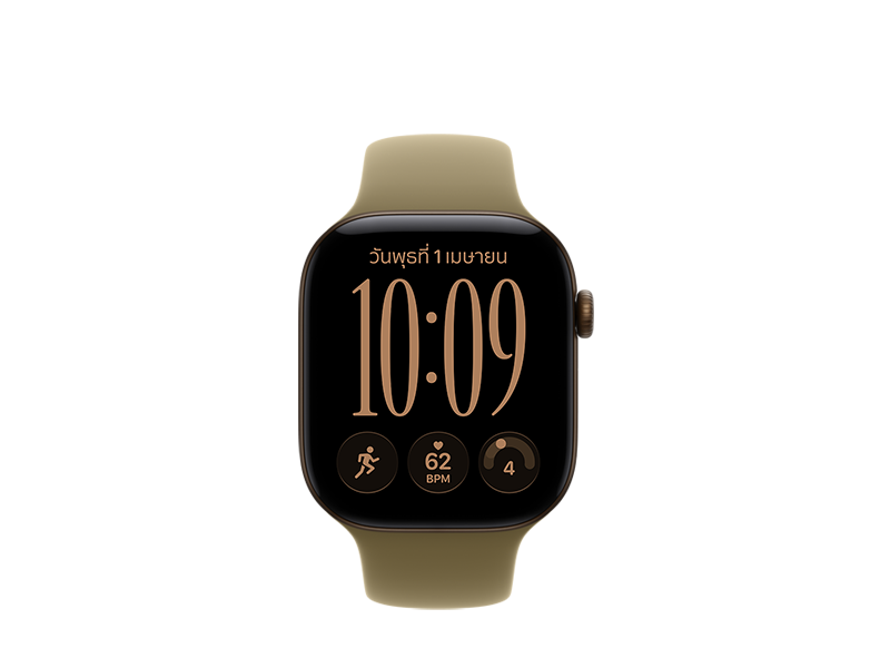 Apple Watch Series 12, ตัวเรือนอะลูมิเนียม, สีบรอนซ์เข้ม**, จอภาพแบบขอบจรดขอบ, มุมมน, ปุ่มหมุน Digital Crown, สายแบบ Sport Band, สีเขียวมะกอก, วัสดุยาง