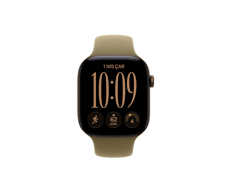 Apple Watch Series 12, alüminyum kasa, koyu bronz renk, kenarlara kadar uzanan ekran, yuvarlatılmış köşeler, Digital Crown, Spor Kordon, klasik zeytin yeşili rengi, kauçuk malzeme