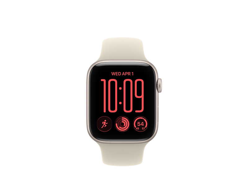 Apple Watch SE 3, csillagfényszín alumíniumtokkal, lekerekített sarkokkal, homokszín (világosdrapp) sportszíjjal
