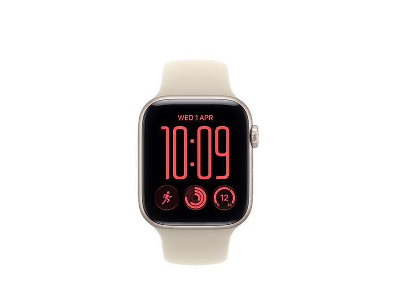 Apple Watch SE 3, aluminium case, starlight colour, rounded corners, connected to Sport Band, sand colour (light tan)